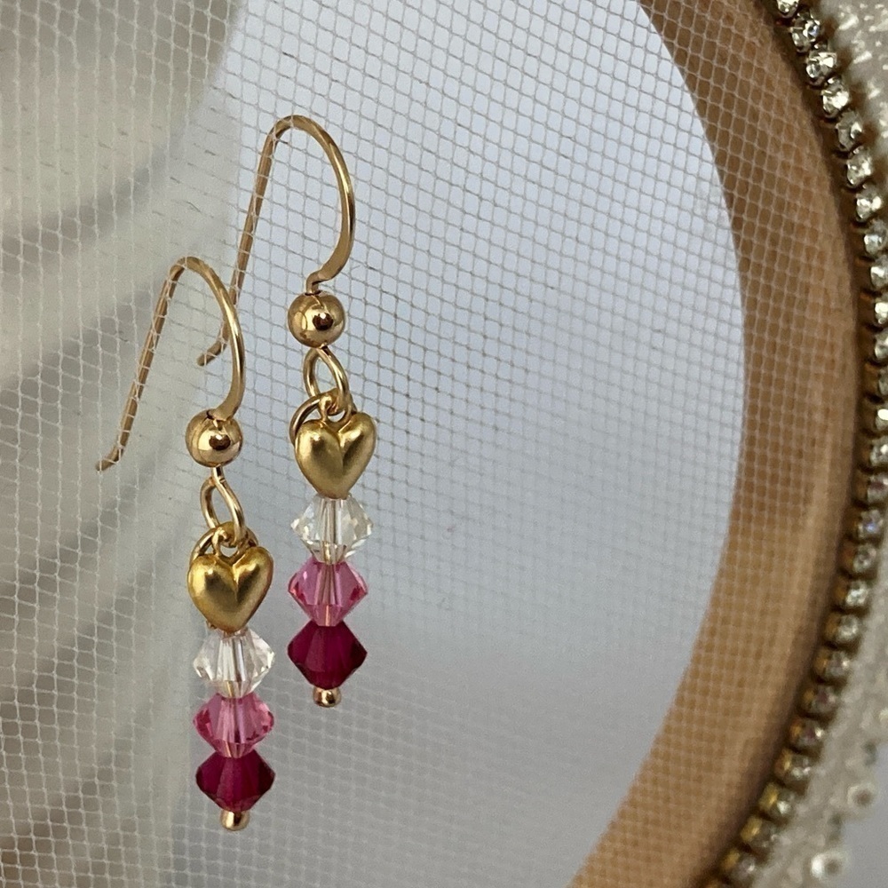 Gold Earrings Swarovski Crystals with Puff Heart Charms - Picture 1 of 8